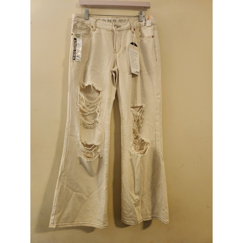SONG Street Jean Low Rise Distressed Wide Straight Leg Cream Denim Size 9/29